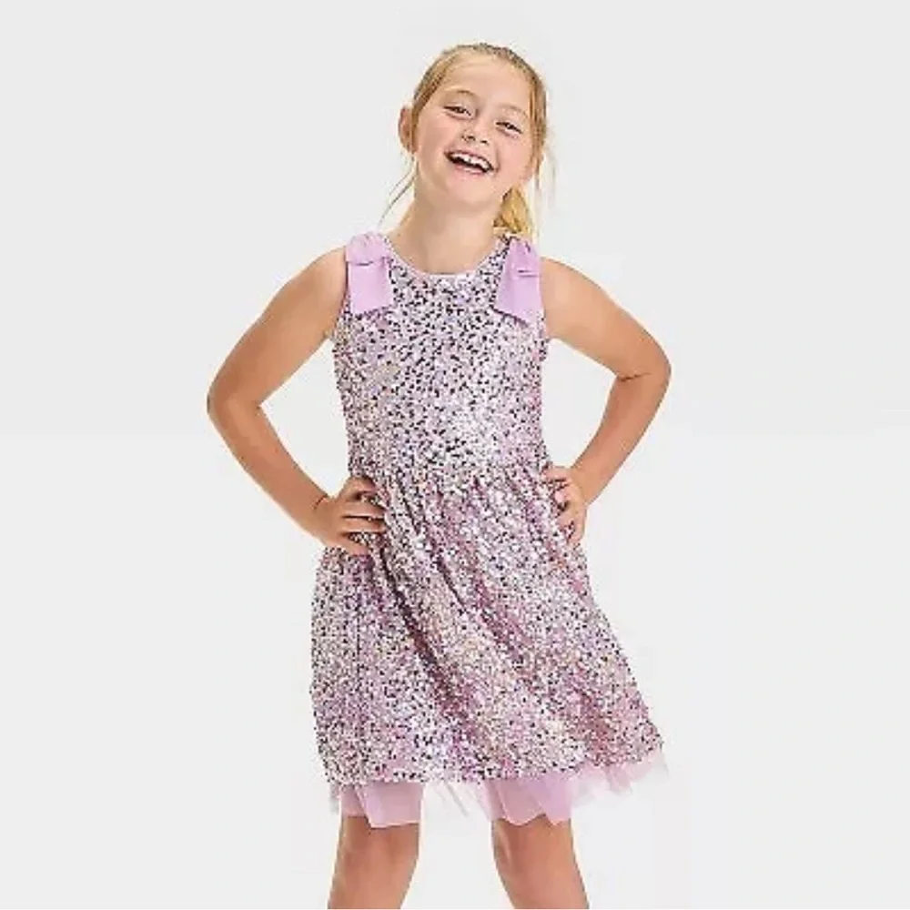 Cat & Jack Girls' Sleeveless Sequin Tulle Dress - Lavender, M (8)